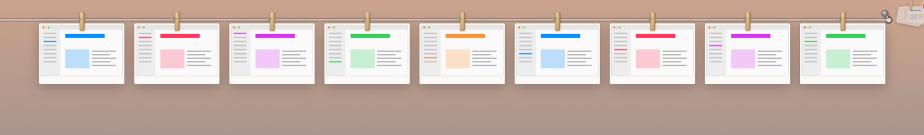 Nine screenshots in white frames, hanging from wooden pegs along a line at the top of the screen.