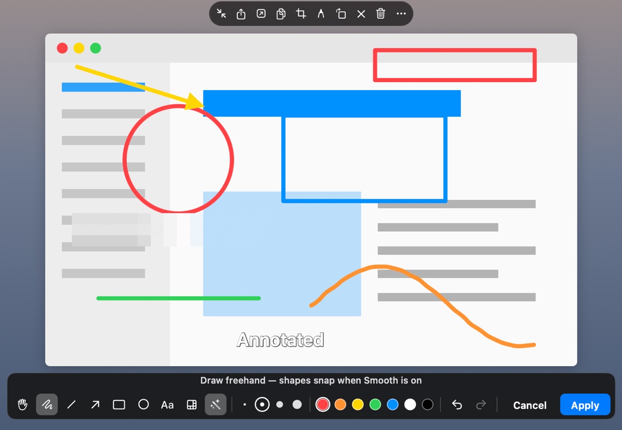 A captured window floating on the desktop, marked up with an arrow, a circle, boxes, a squiggle and text, with the drawing bar under it and the toolbar above.